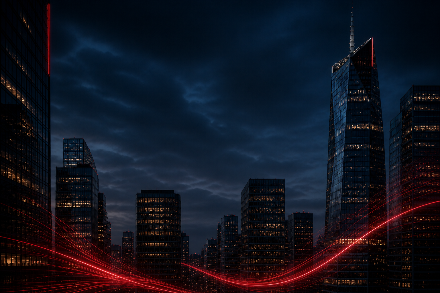Financial district at night with red market signal lines